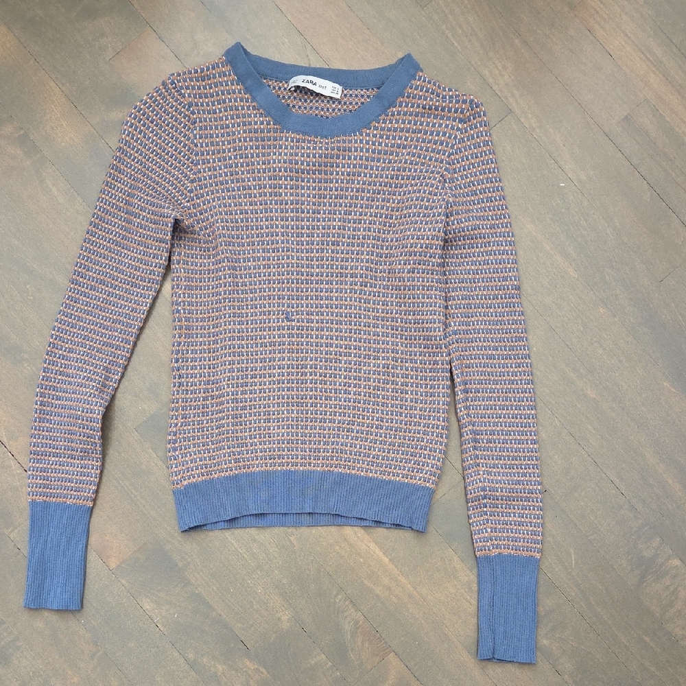 Zara Blue and Beige Knit Women's Sweater